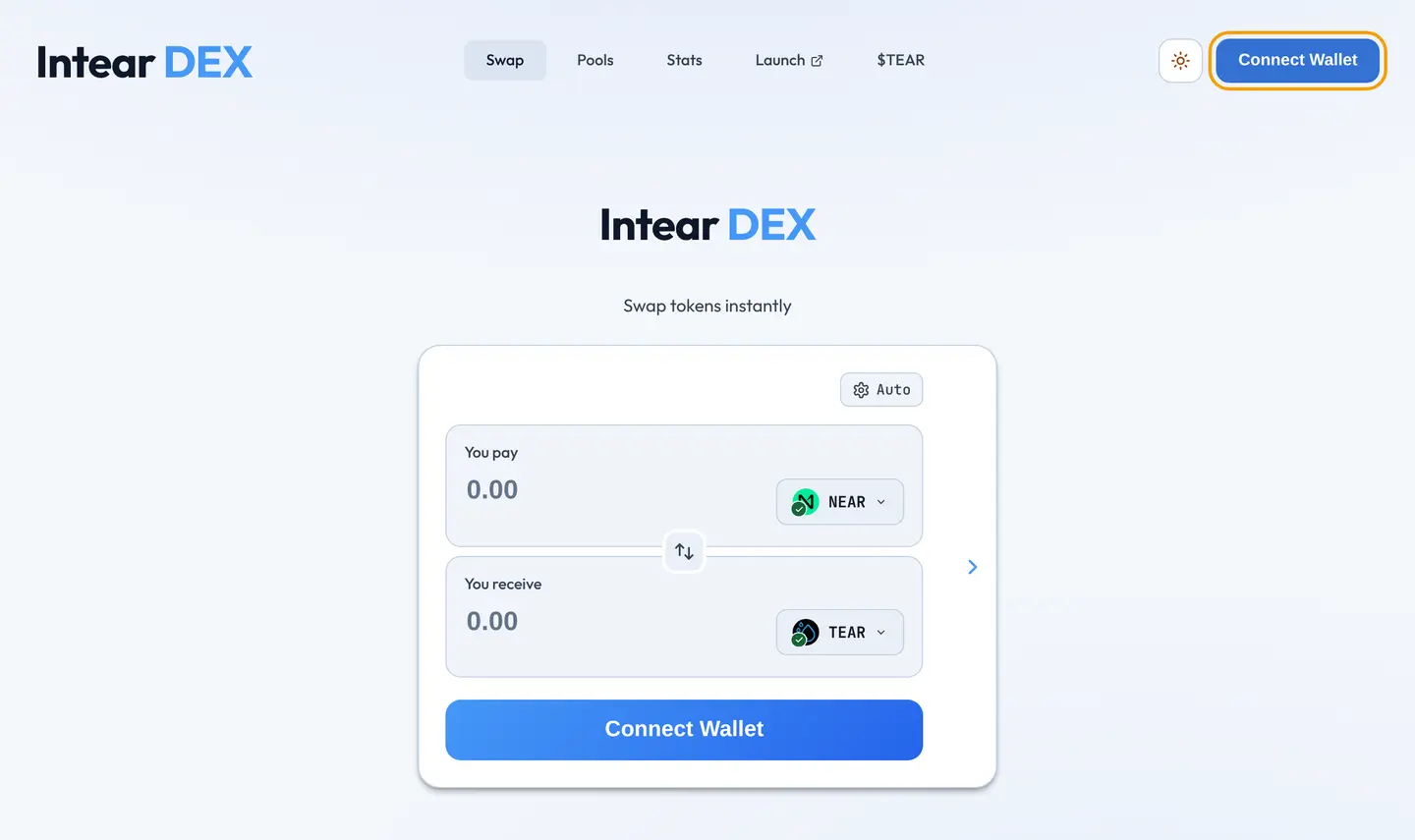 Intear DEX swap page with the Connect Wallet button in the top right highlighted