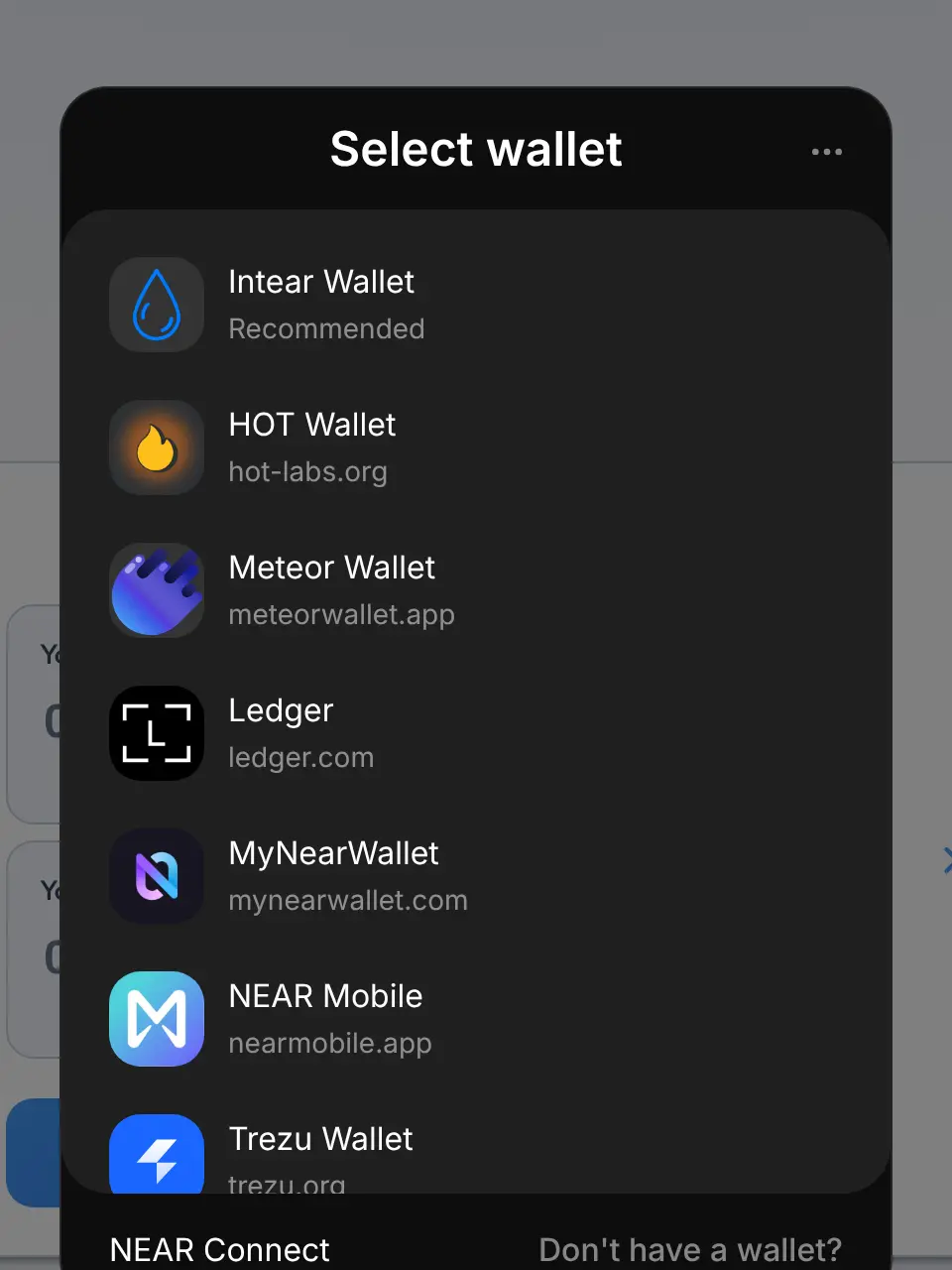 Wallet picker listing Intear Wallet, HOT Wallet, Meteor Wallet, Ledger, MyNearWallet, NEAR Mobile and Trezu Wallet