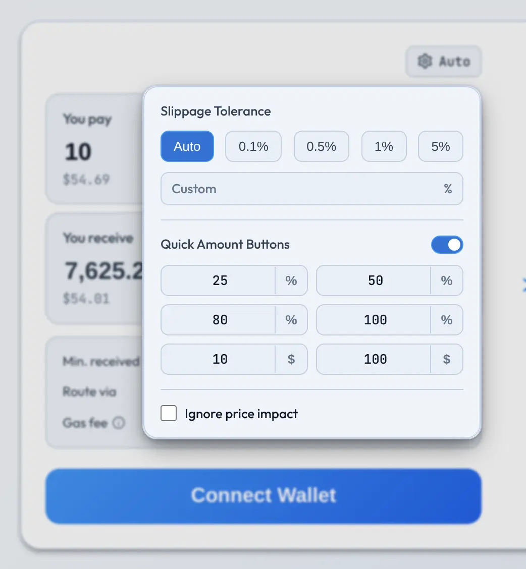Swap settings with Slippage Tolerance options Auto, 0.1%, 0.5%, 1%, 5% and Custom, plus Quick Amount Buttons and Ignore price impact