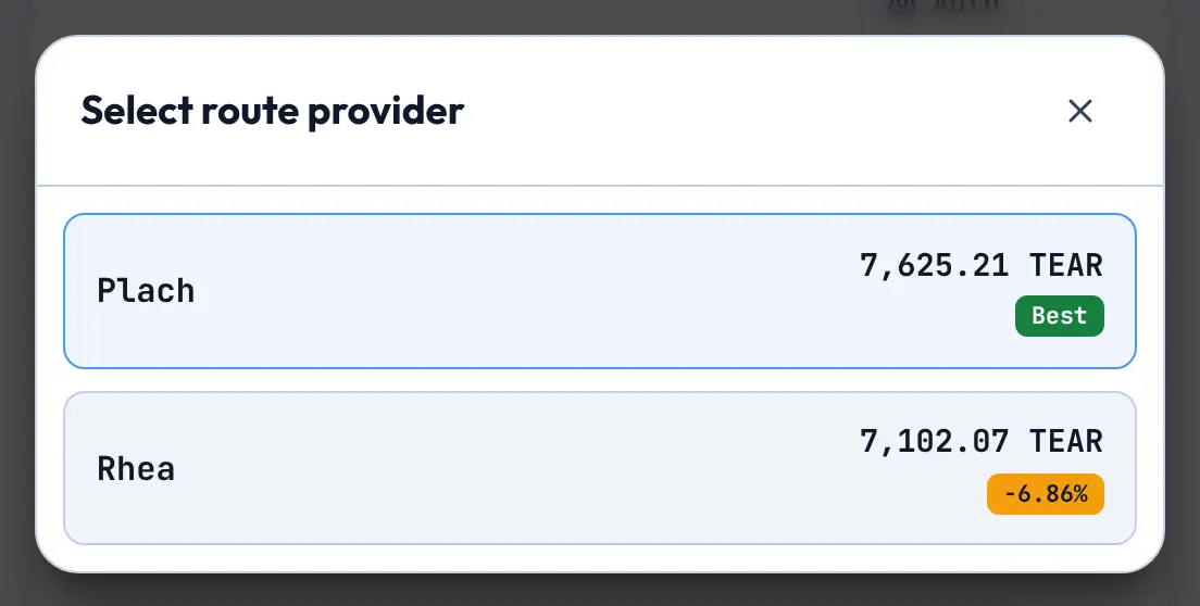 Route provider picker comparing the amount of TEAR received through Plach, marked Best, and through Rhea, marked -6.86%